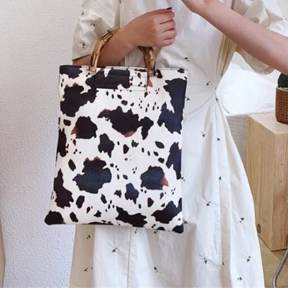 Cow Print Handbag Bamboo Handle Purse Womens Western Collapsible Top Handle Bag